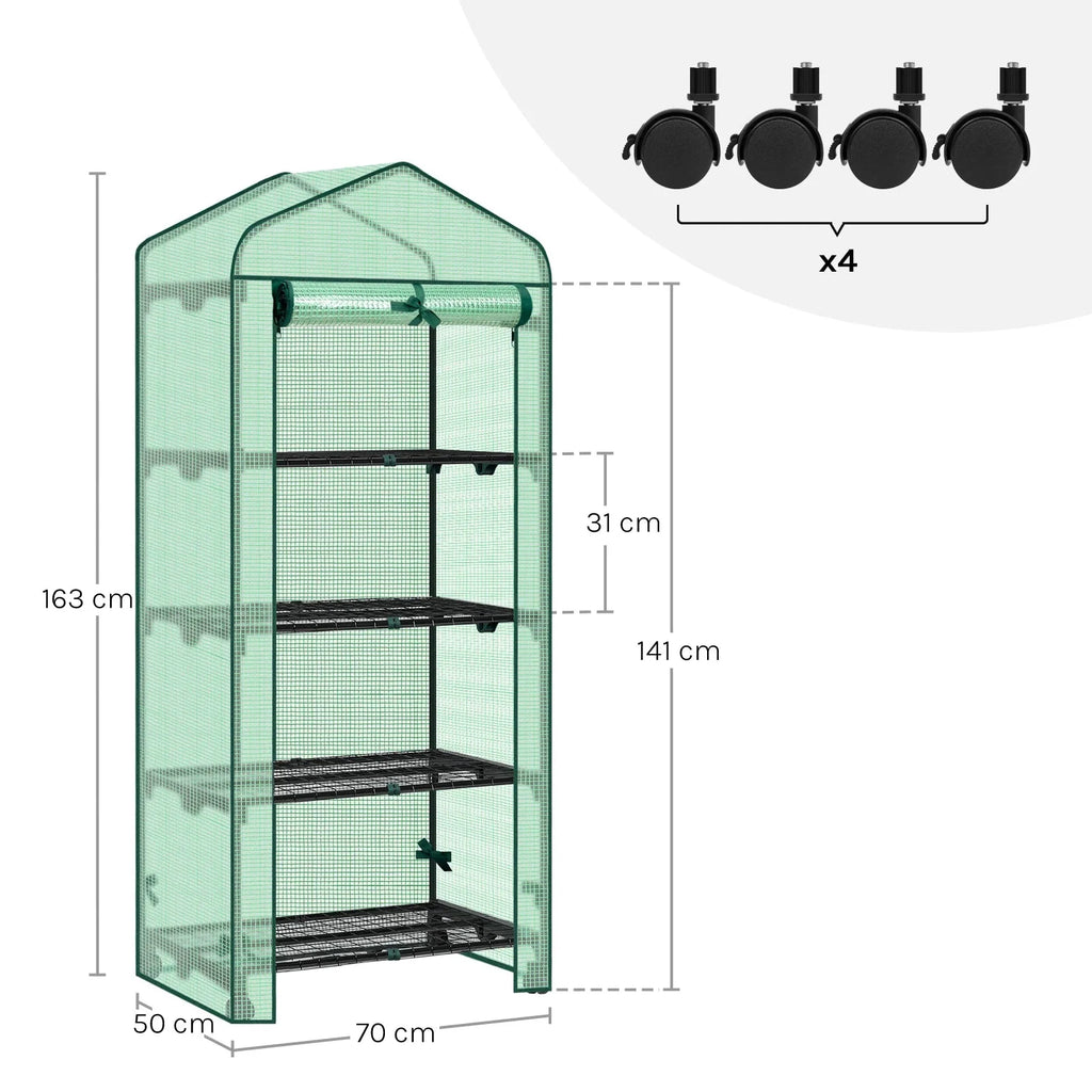 Gewächshaus mit Rollen & 3 Ablagen – kleines Tomatenhaus Outdoor 130/163cm – Garten Frühbeet mit PE