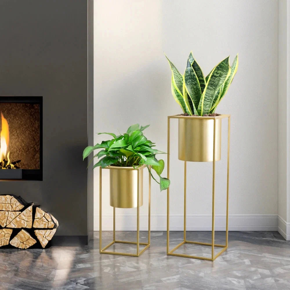 Blumenständer Set 2 Stück Metall Gold – Pflanzständer modern quadratisch für Blumentöpfe 21x45cm & 25x70cm
