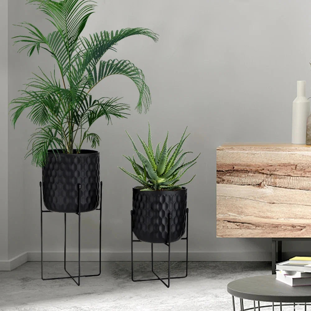 2er Set Metall Pflanzenständer Modern Schwarz Rund – Blumenständer für Blumentöpfe 18x31cm & 20x45cm – Indoor Deko Pflanzenhalter Wohnzimmer & Garten