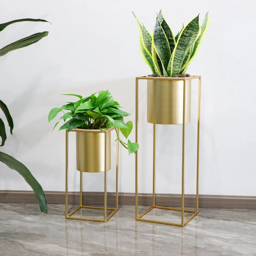 Blumenständer Set 2 Stück Metall Gold – Pflanzständer modern quadratisch für Blumentöpfe 21x45cm & 25x70cm