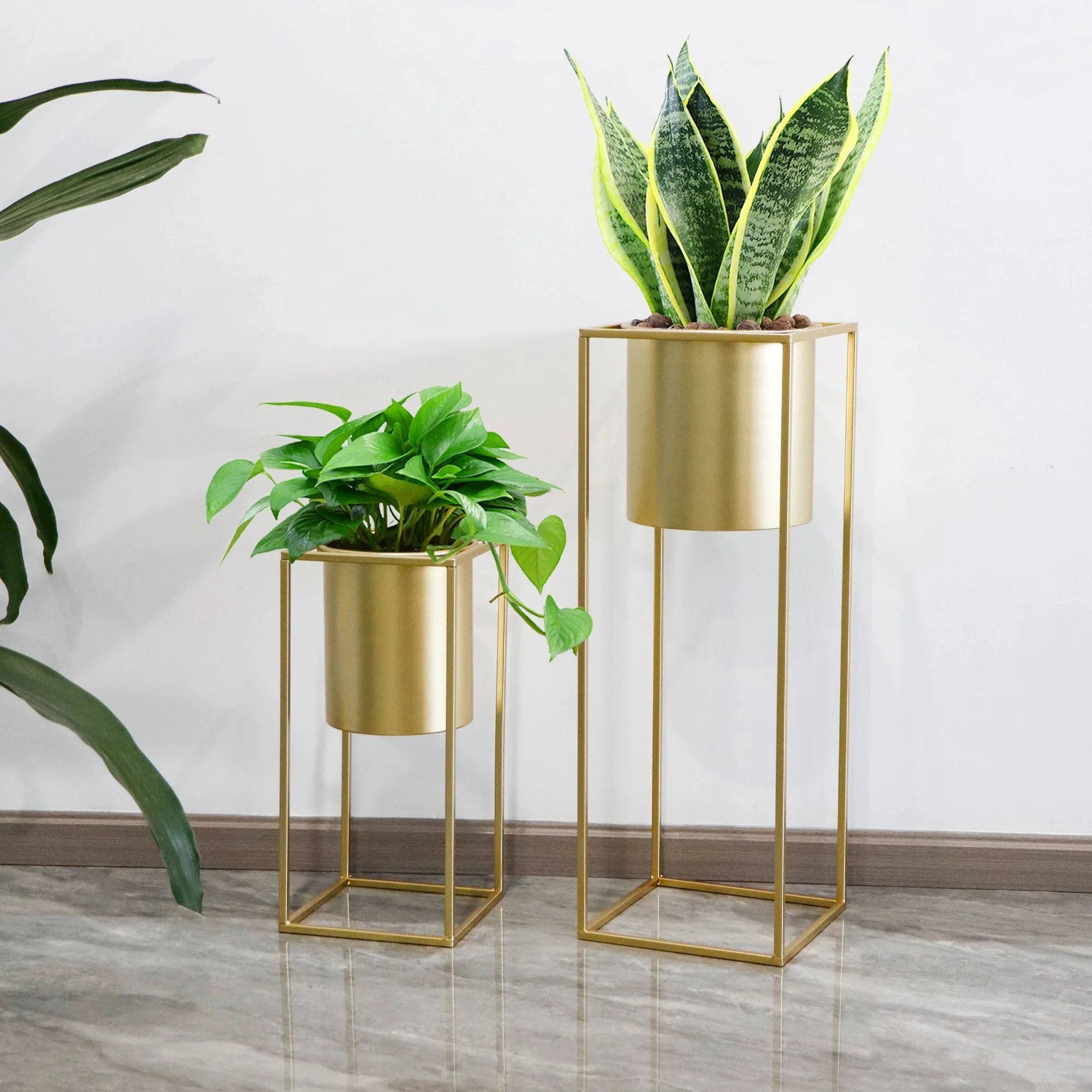 Blumenständer Set 2 Stück Metall Gold – Pflanzständer modern quadratisch für Blumentöpfe 21x45cm & 25x70cm