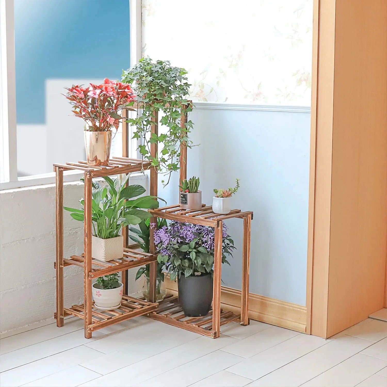 Eckiger Pflanzenständer Holz – Mehrstöckiges Blumenregal 60x60x100cm aus Massivholz Kiefer – Vintage Pflanzenregal für Wohnzimmer, Balkon & Garten
