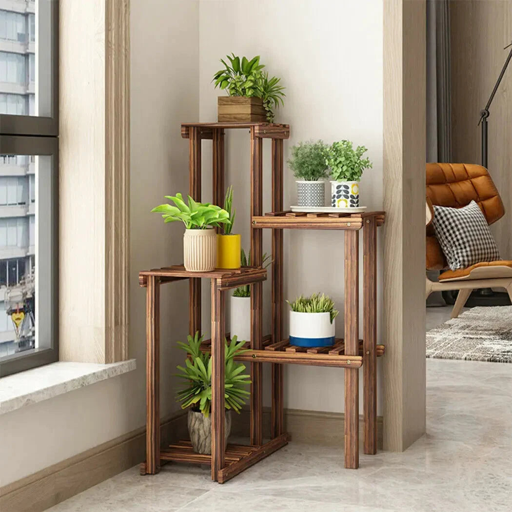 Eckiger Pflanzenständer Holz – Mehrstöckiges Blumenregal 60x60x100cm aus Massivholz Kiefer – Vintage Pflanzenregal für Wohnzimmer, Balkon & Garten
