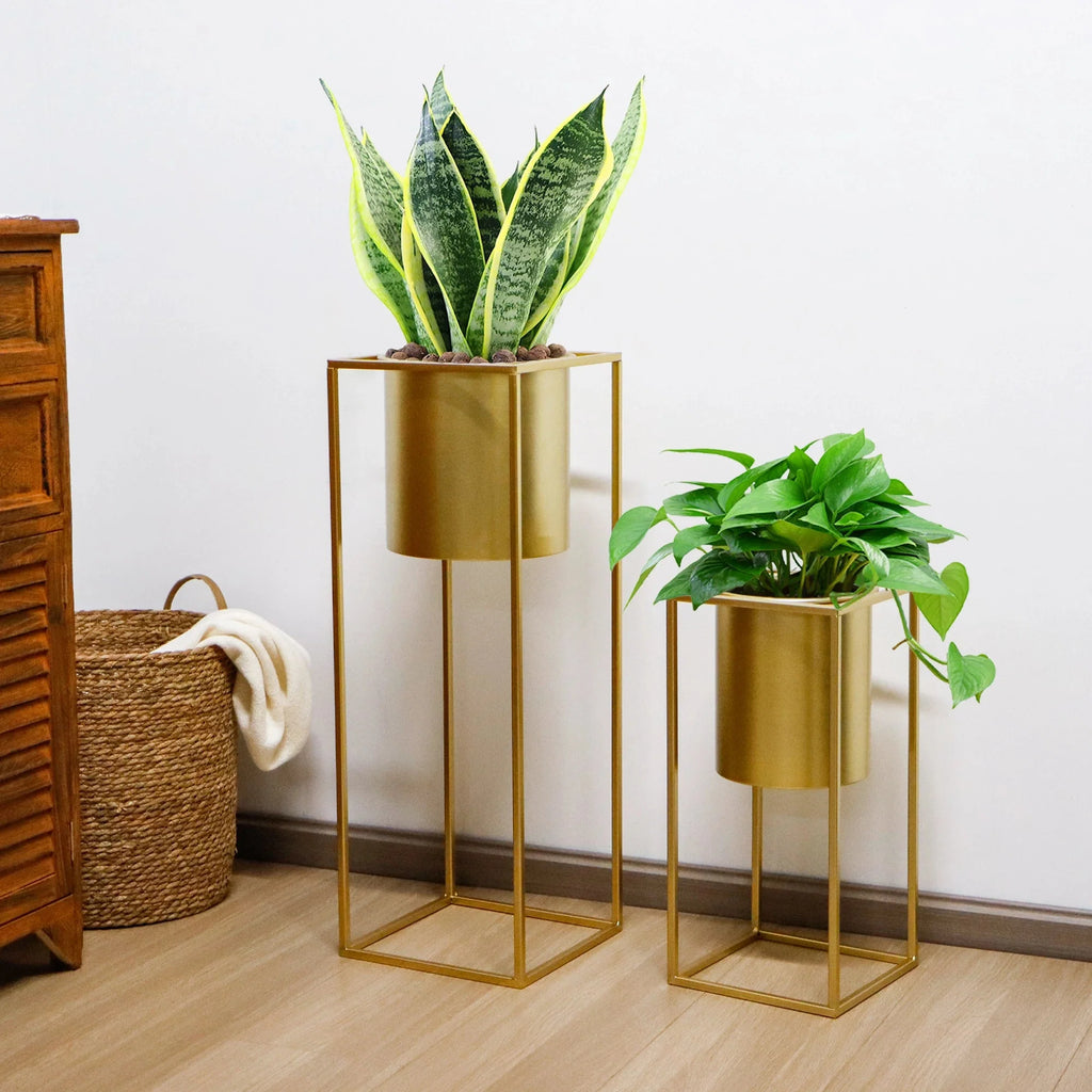 Blumenständer Set 2 Stück Metall Gold – Pflanzständer modern quadratisch für Blumentöpfe 21x45cm & 25x70cm
