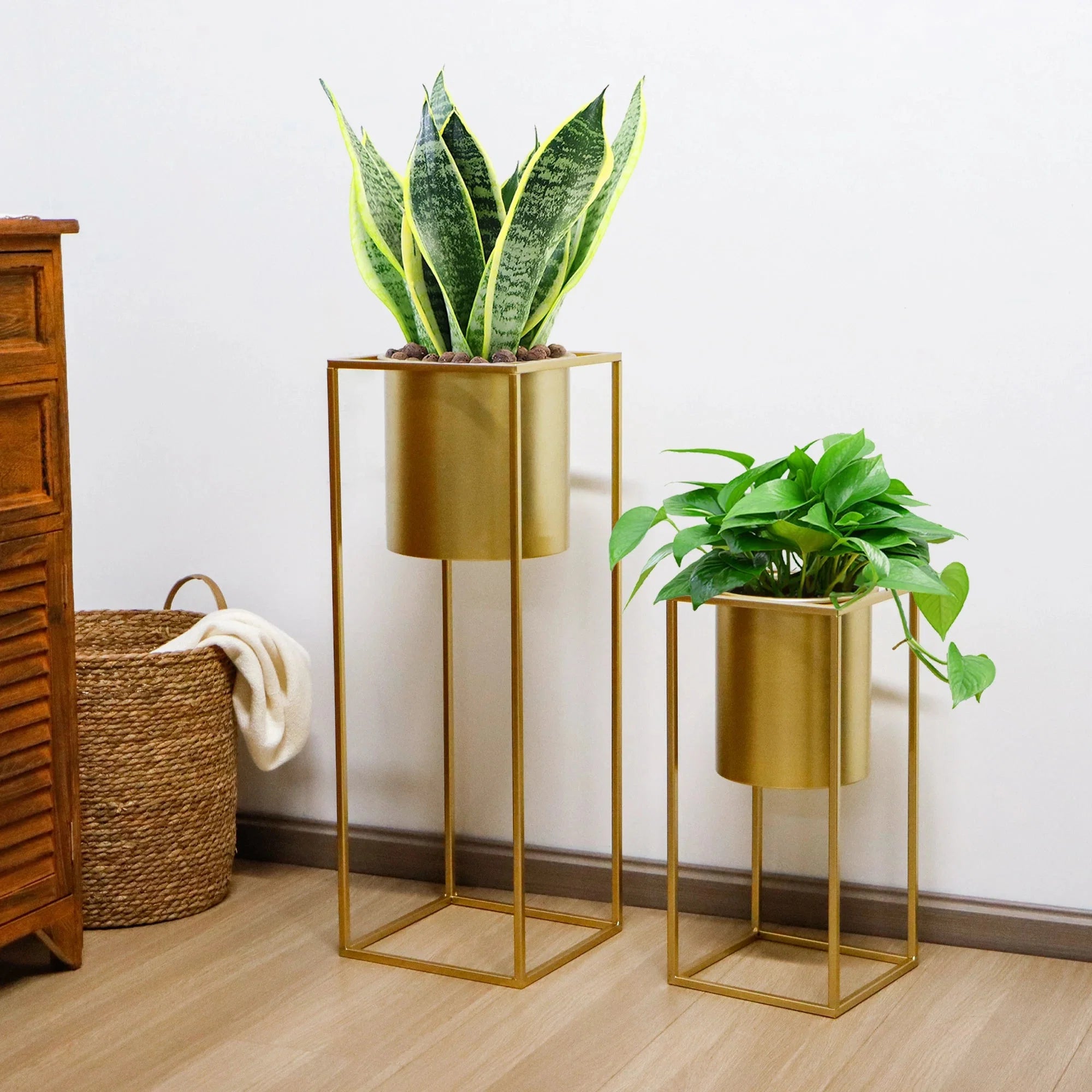 Blumenständer Set 2 Stück Metall Gold – Pflanzständer modern quadratisch für Blumentöpfe 21x45cm & 25x70cm