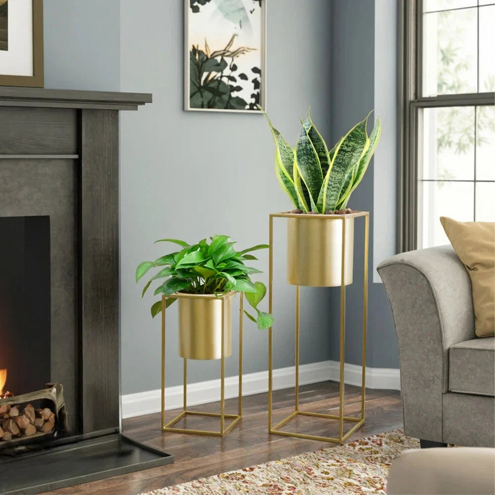Blumenständer Set 2 Stück Metall Gold – Pflanzständer modern quadratisch für Blumentöpfe 21x45cm & 25x70cm
