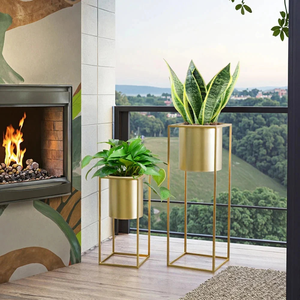 Blumenständer Set 2 Stück Metall Gold – Pflanzständer modern quadratisch für Blumentöpfe 21x45cm & 25x70cm