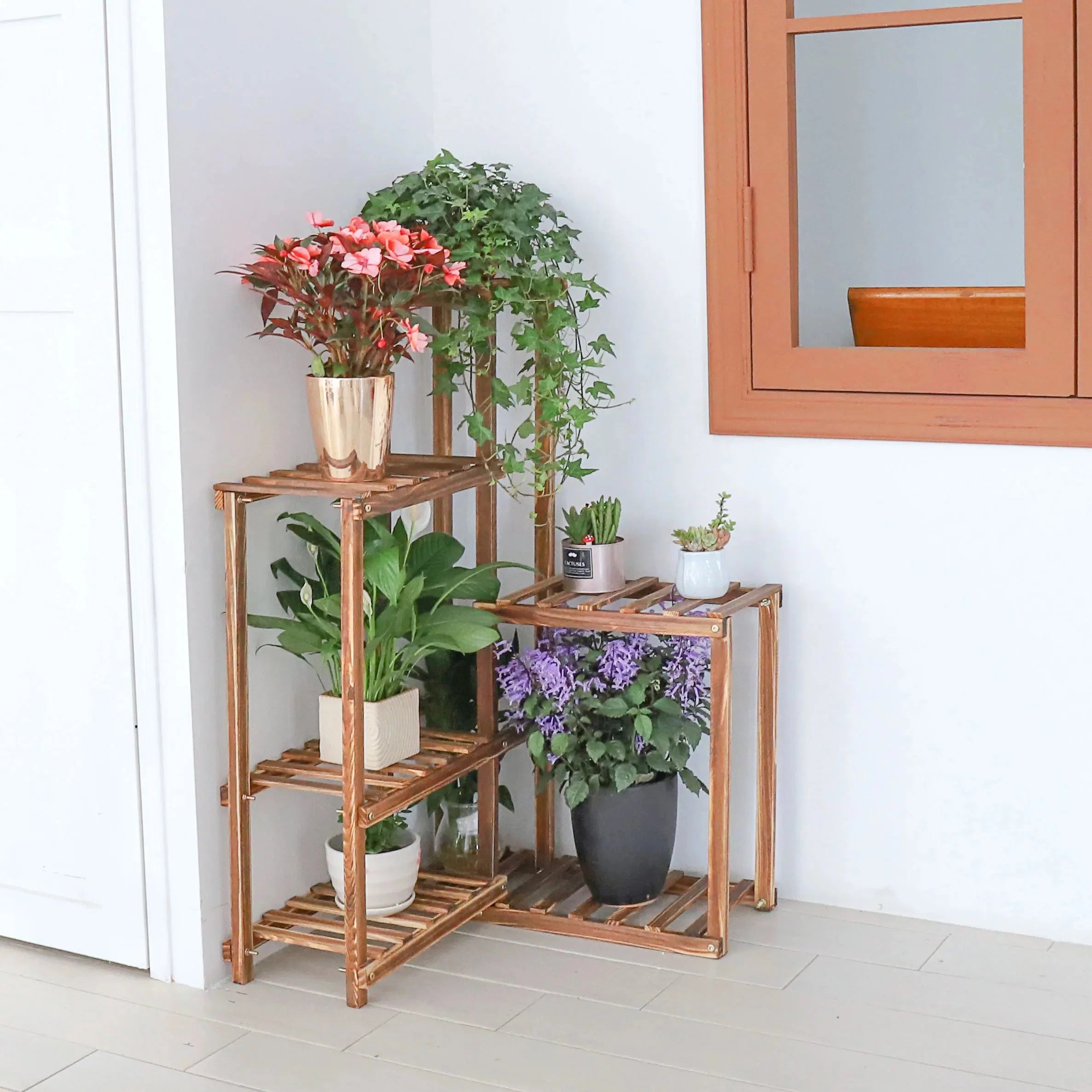 Eckiger Pflanzenständer Holz – Mehrstöckiges Blumenregal 60x60x100cm aus Massivholz Kiefer – Vintage Pflanzenregal für Wohnzimmer, Balkon & Garten