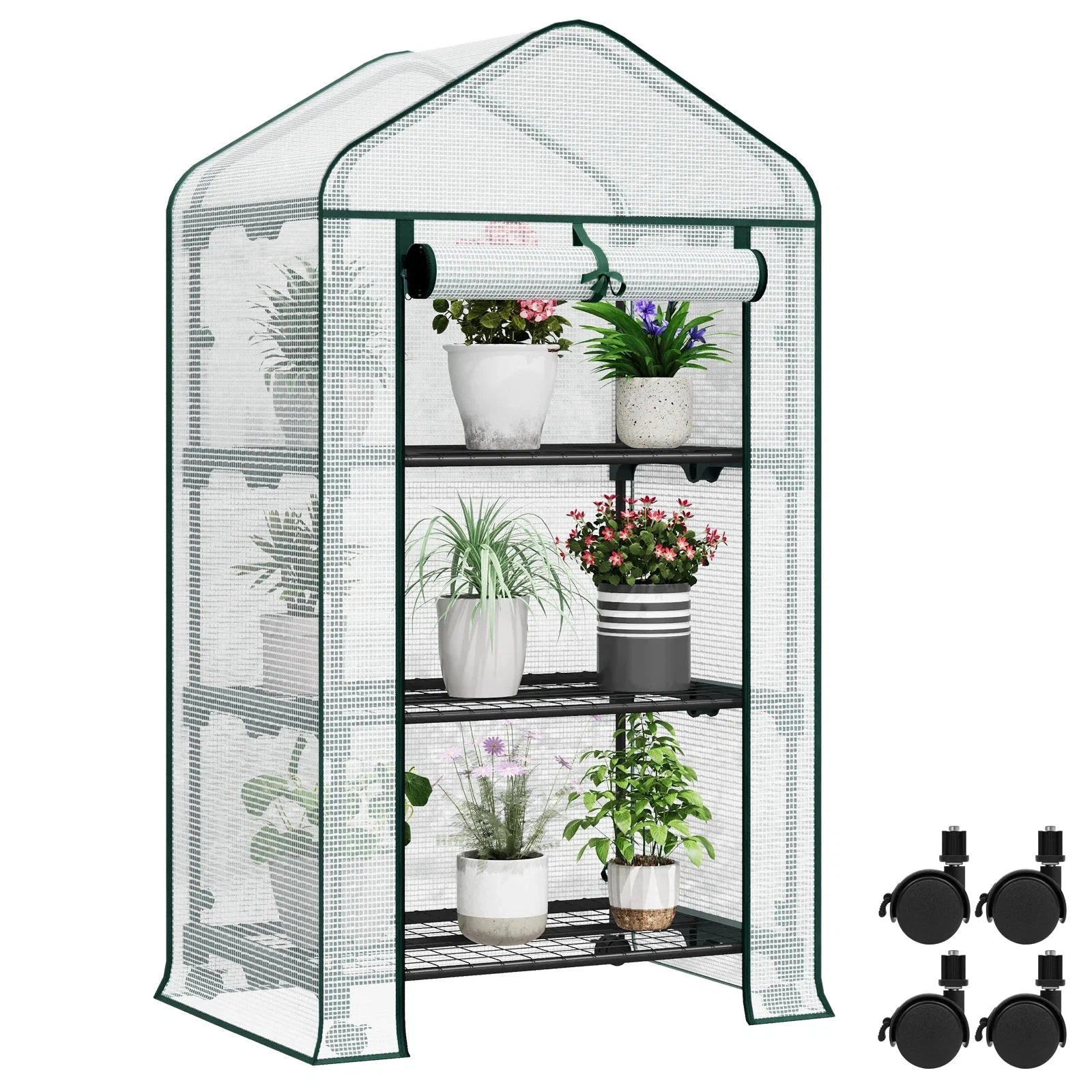 Gewächshaus mit Rollen & 3 Ablagen – kleines Tomatenhaus Outdoor 130/163cm – Garten Frühbeet mit PE