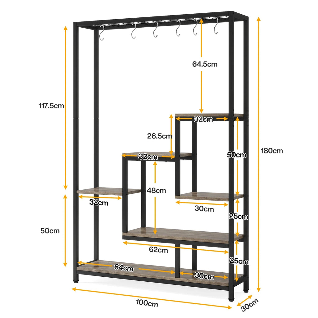 Pflanzenregal 5 Stufen Indoor 180cm Metall Pflanzenständer mit 10 Haken – großes Blumenregal Holz – Metall Kombi für Wohnzimmer, Balkon & Garten
