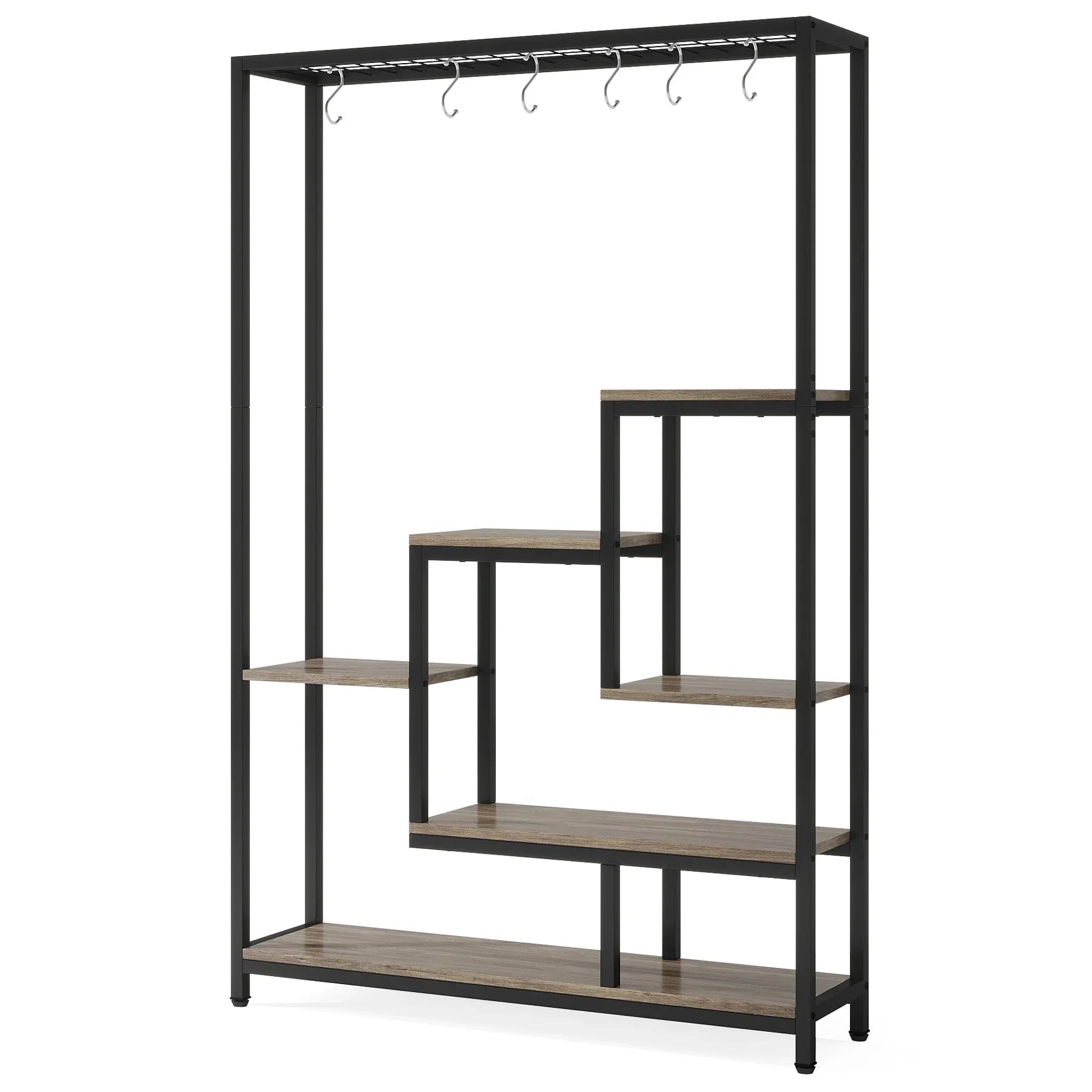 Pflanzenregal 5 Stufen Indoor 180cm Metall Pflanzenständer mit 10 Haken – großes Blumenregal Holz – Metall Kombi für Wohnzimmer, Balkon & Garten