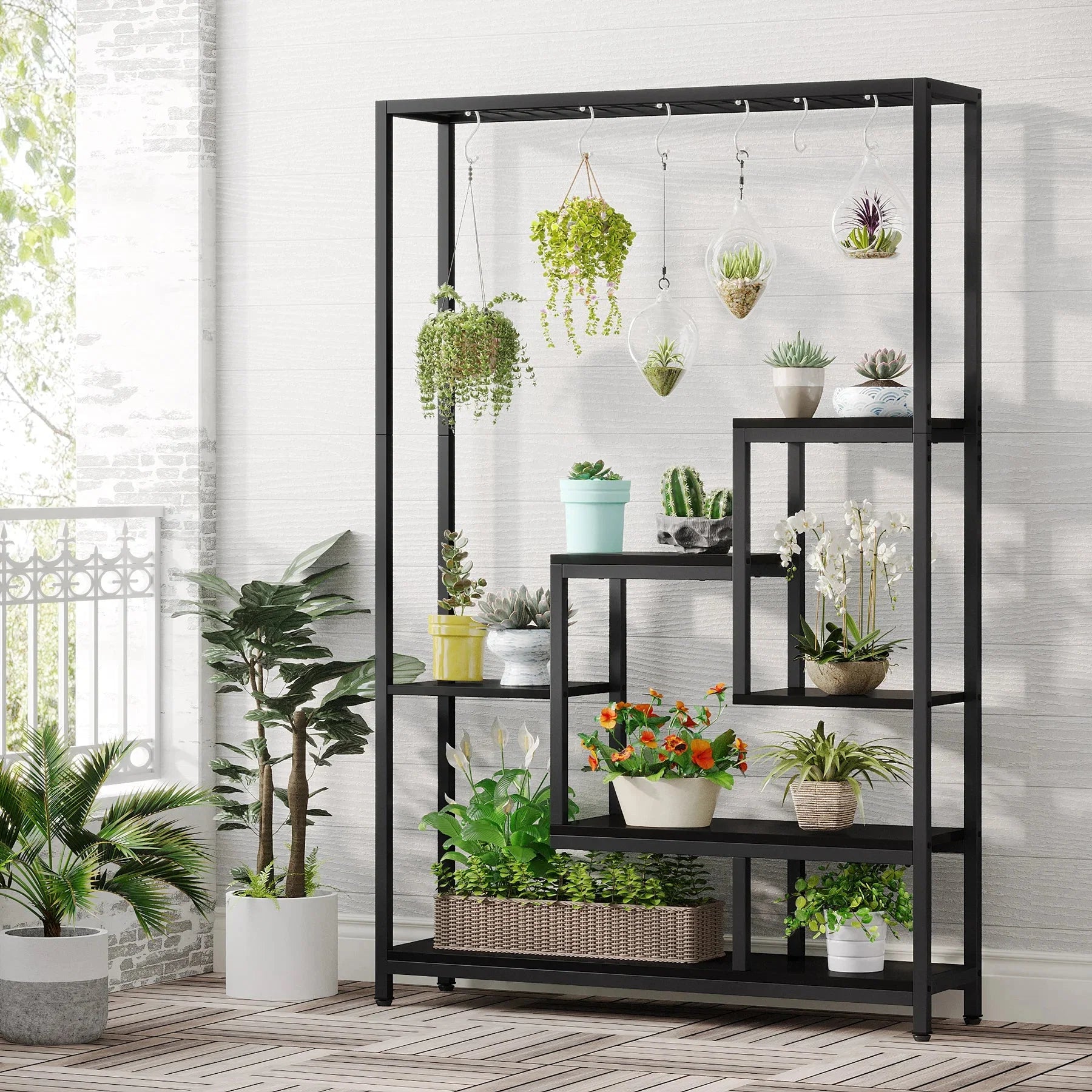 Pflanzenregal 5 Stufen Indoor 180cm Metall Pflanzenständer mit 10 Haken – großes Blumenregal Holz – Metall Kombi für Wohnzimmer, Balkon & Garten