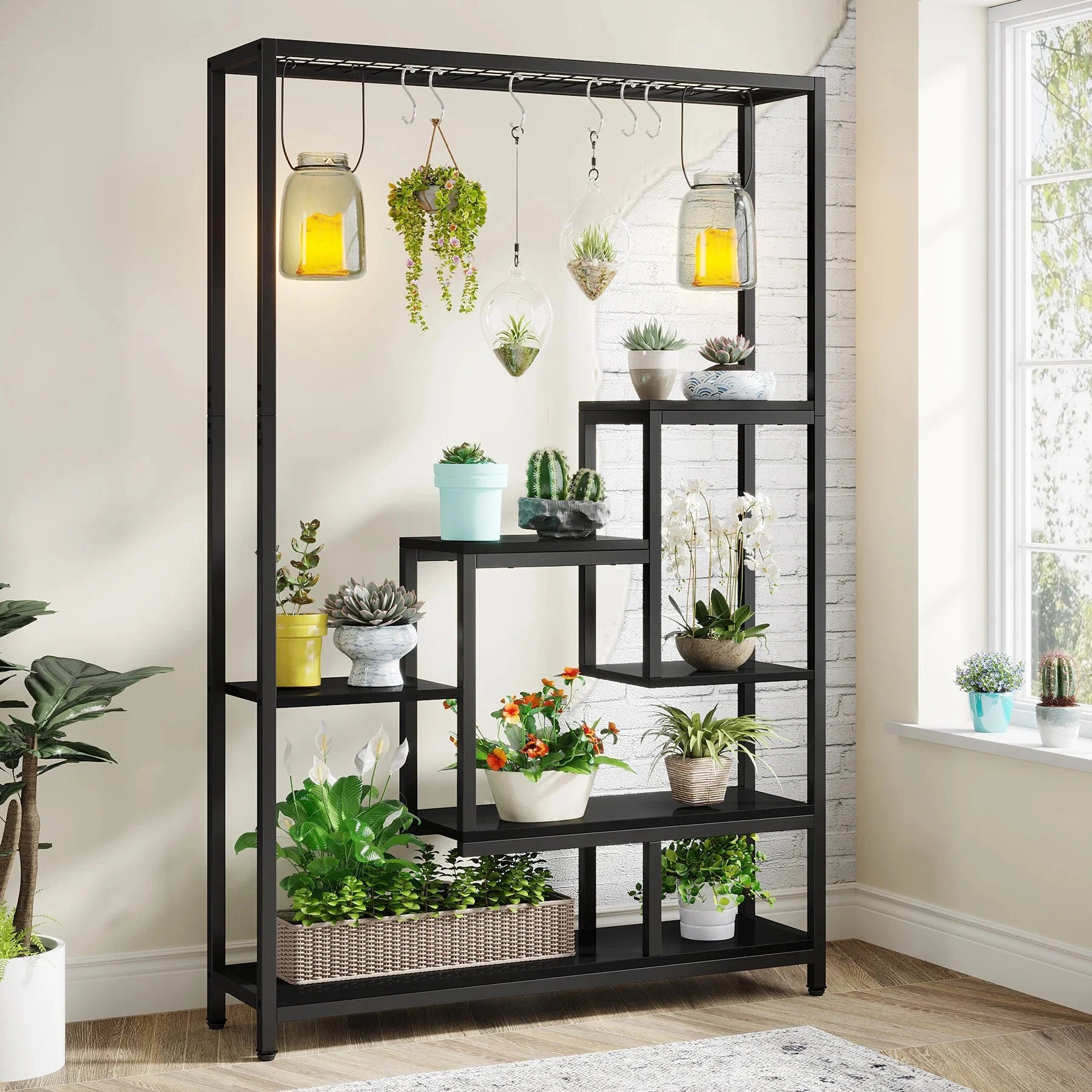 Pflanzenregal 5 Stufen Indoor 180cm Metall Pflanzenständer mit 10 Haken – großes Blumenregal Holz – Metall Kombi für Wohnzimmer, Balkon & Garten
