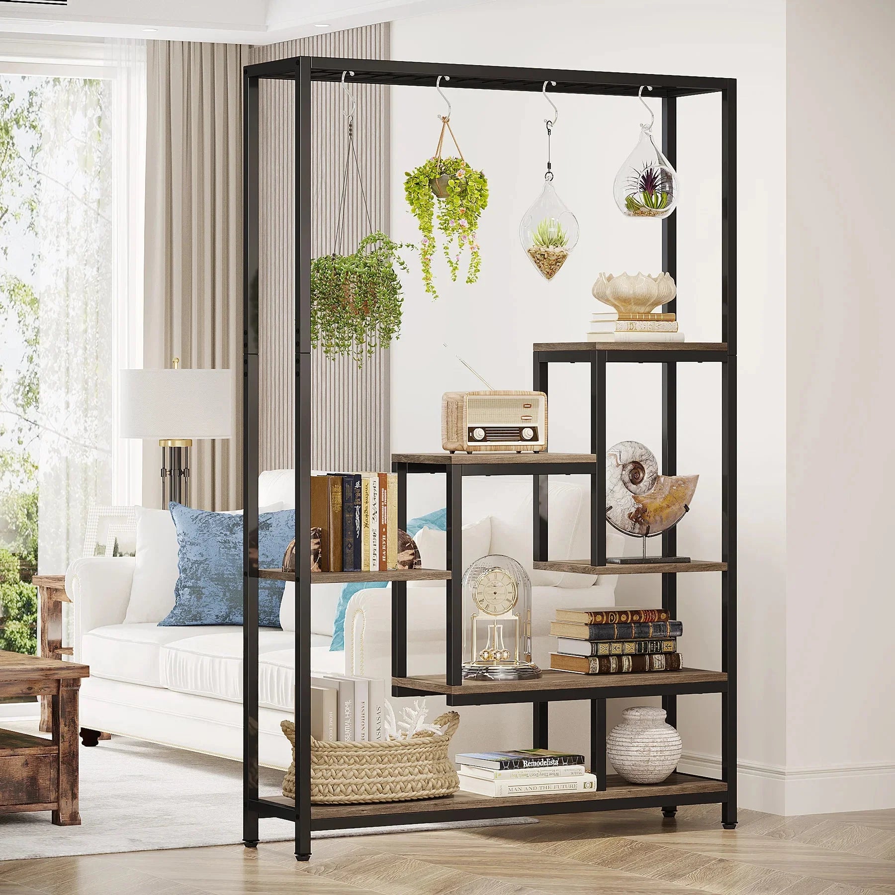 Pflanzenregal 5 Stufen Indoor 180cm Metall Pflanzenständer mit 10 Haken – großes Blumenregal Holz – Metall Kombi für Wohnzimmer, Balkon & Garten