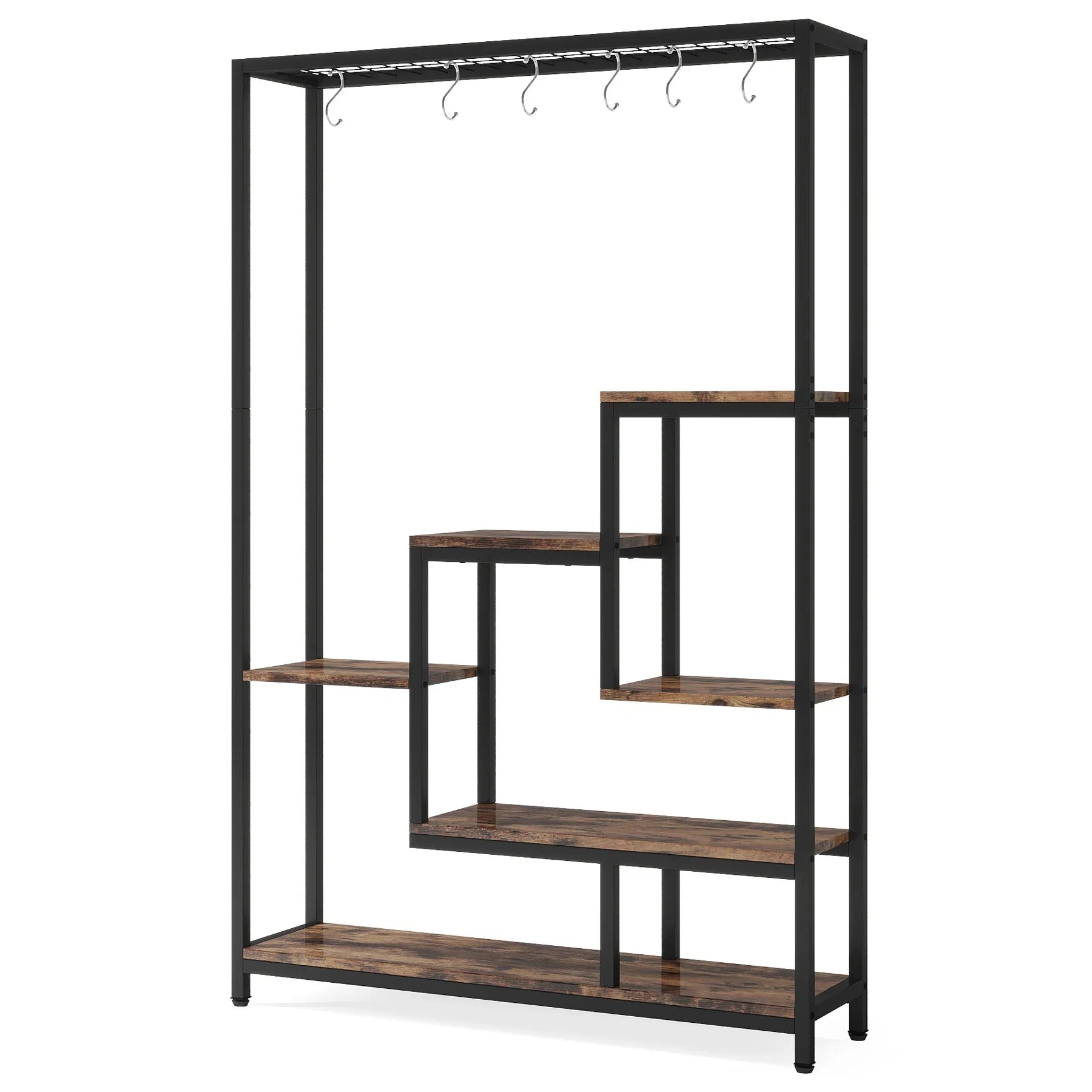 Pflanzenregal 5 Stufen Indoor 180cm Metall Pflanzenständer mit 10 Haken – großes Blumenregal Holz – Metall Kombi für Wohnzimmer, Balkon & Garten