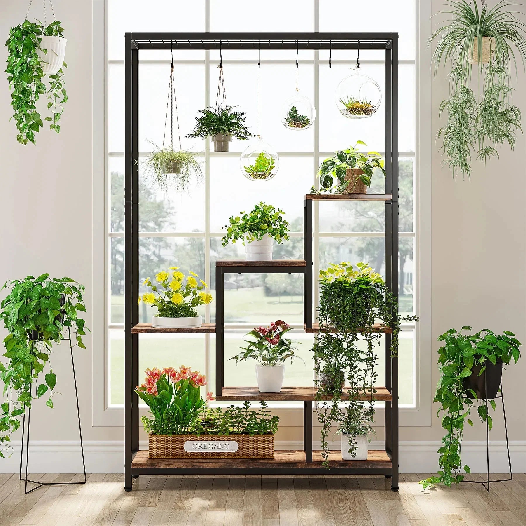 Pflanzenregal 5 Stufen Indoor 180cm Metall Pflanzenständer mit 10 Haken – großes Blumenregal Holz – Metall Kombi für Wohnzimmer, Balkon & Garten