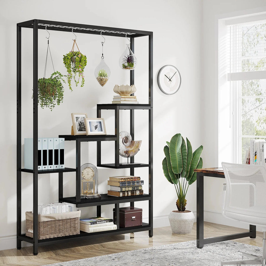 Pflanzenregal 5 Stufen Indoor 180cm Metall Pflanzenständer mit 10 Haken – großes Blumenregal Holz – Metall Kombi für Wohnzimmer, Balkon & Garten