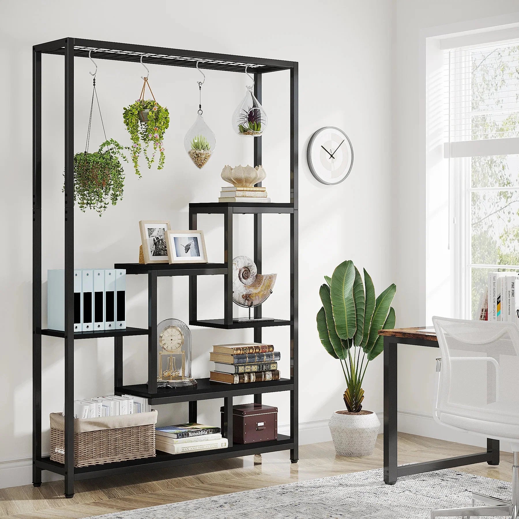 Pflanzenregal 5 Stufen Indoor 180cm Metall Pflanzenständer mit 10 Haken – großes Blumenregal Holz – Metall Kombi für Wohnzimmer, Balkon & Garten