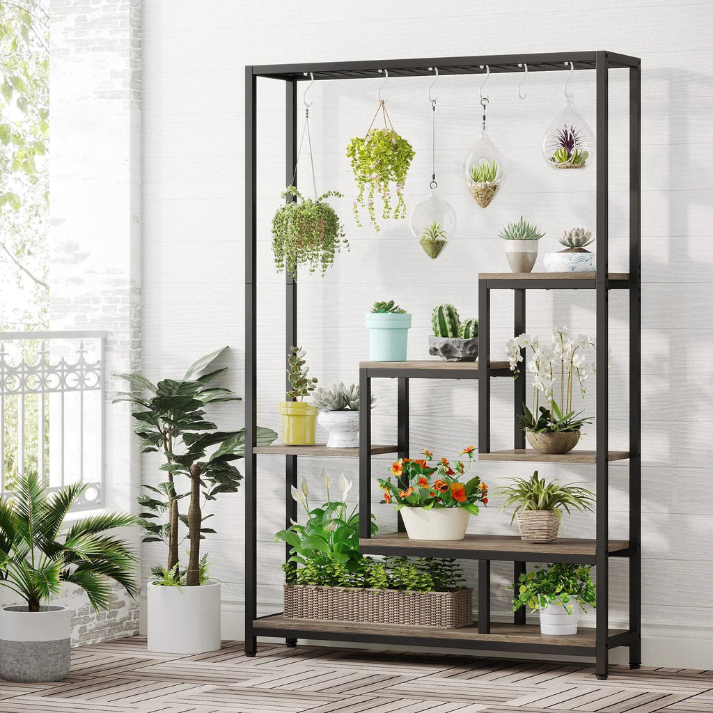 Pflanzenregal 5 Stufen Indoor 180cm Metall Pflanzenständer mit 10 Haken – großes Blumenregal Holz – Metall Kombi für Wohnzimmer, Balkon & Garten