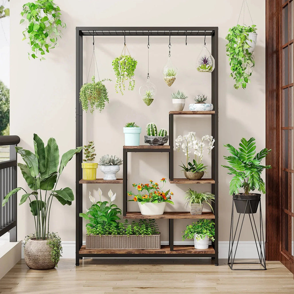 Pflanzenregal 5 Stufen Indoor 180cm Metall Pflanzenständer mit 10 Haken – großes Blumenregal Holz – Metall Kombi für Wohnzimmer, Balkon & Garten