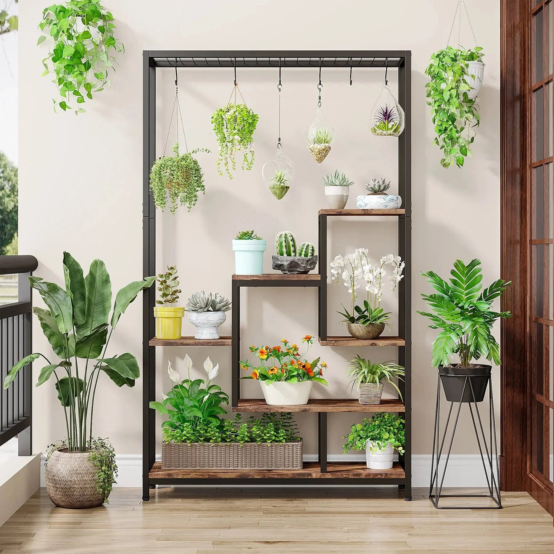 Pflanzenregal 5 Stufen Indoor 180cm Metall Pflanzenständer mit 10 Haken – großes Blumenregal Holz – Metall Kombi für Wohnzimmer, Balkon & Garten