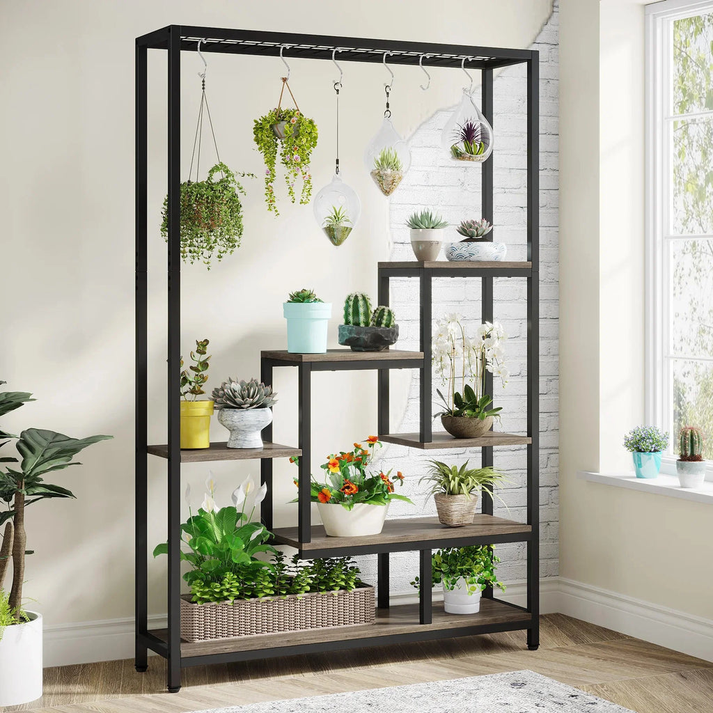 Pflanzenregal 5 Stufen Indoor 180cm Metall Pflanzenständer mit 10 Haken – großes Blumenregal Holz – Metall Kombi für Wohnzimmer, Balkon & Garten