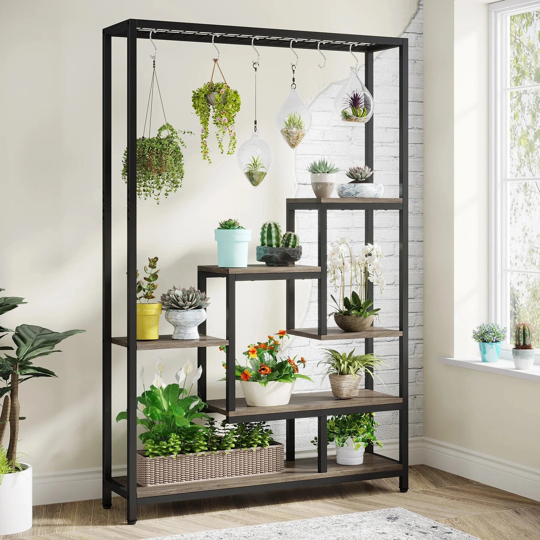 Pflanzenregal 5 Stufen Indoor 180cm Metall Pflanzenständer mit 10 Haken – großes Blumenregal Holz – Metall Kombi für Wohnzimmer, Balkon & Garten