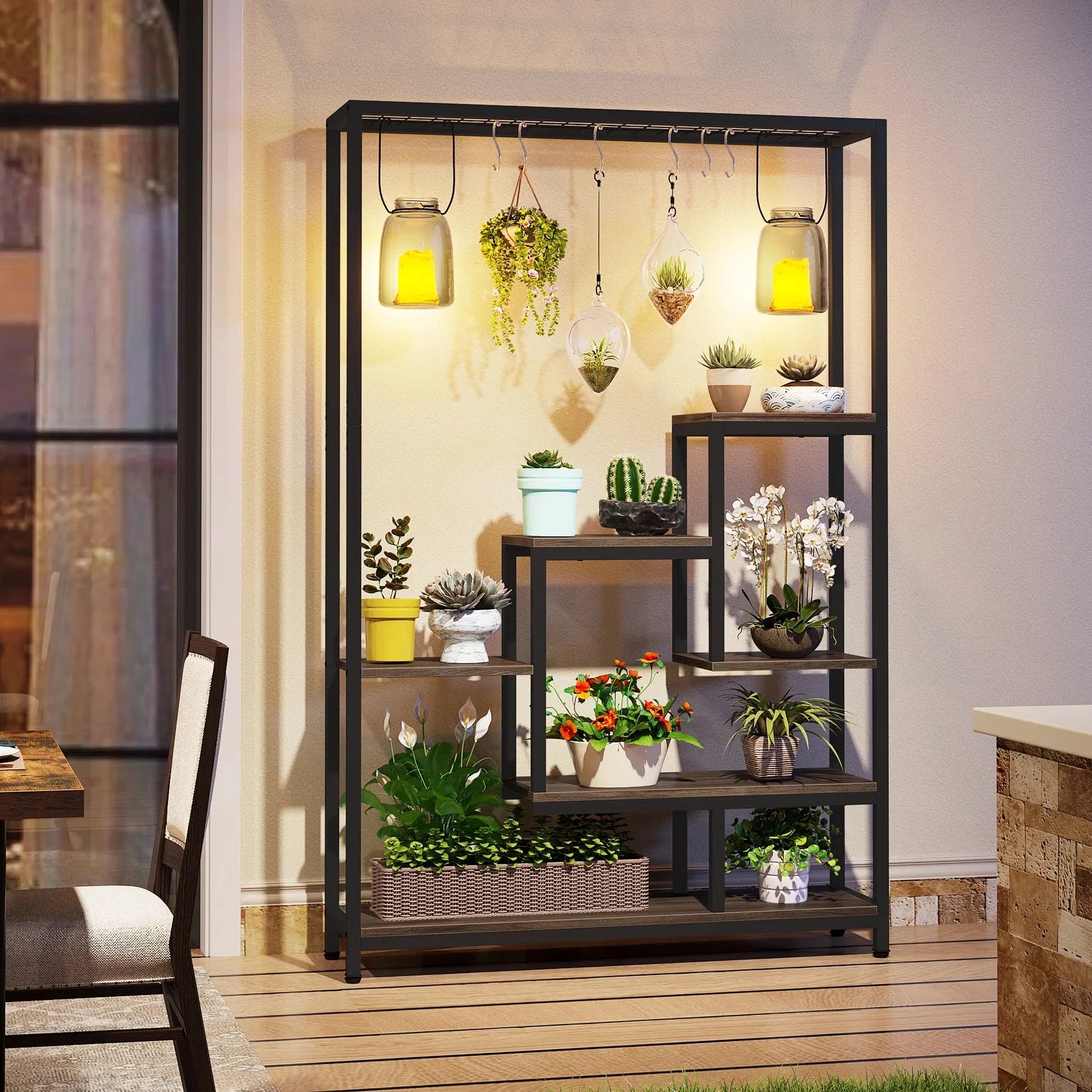 Pflanzenregal 5 Stufen Indoor 180cm Metall Pflanzenständer mit 10 Haken – großes Blumenregal Holz – Metall Kombi für Wohnzimmer, Balkon & Garten