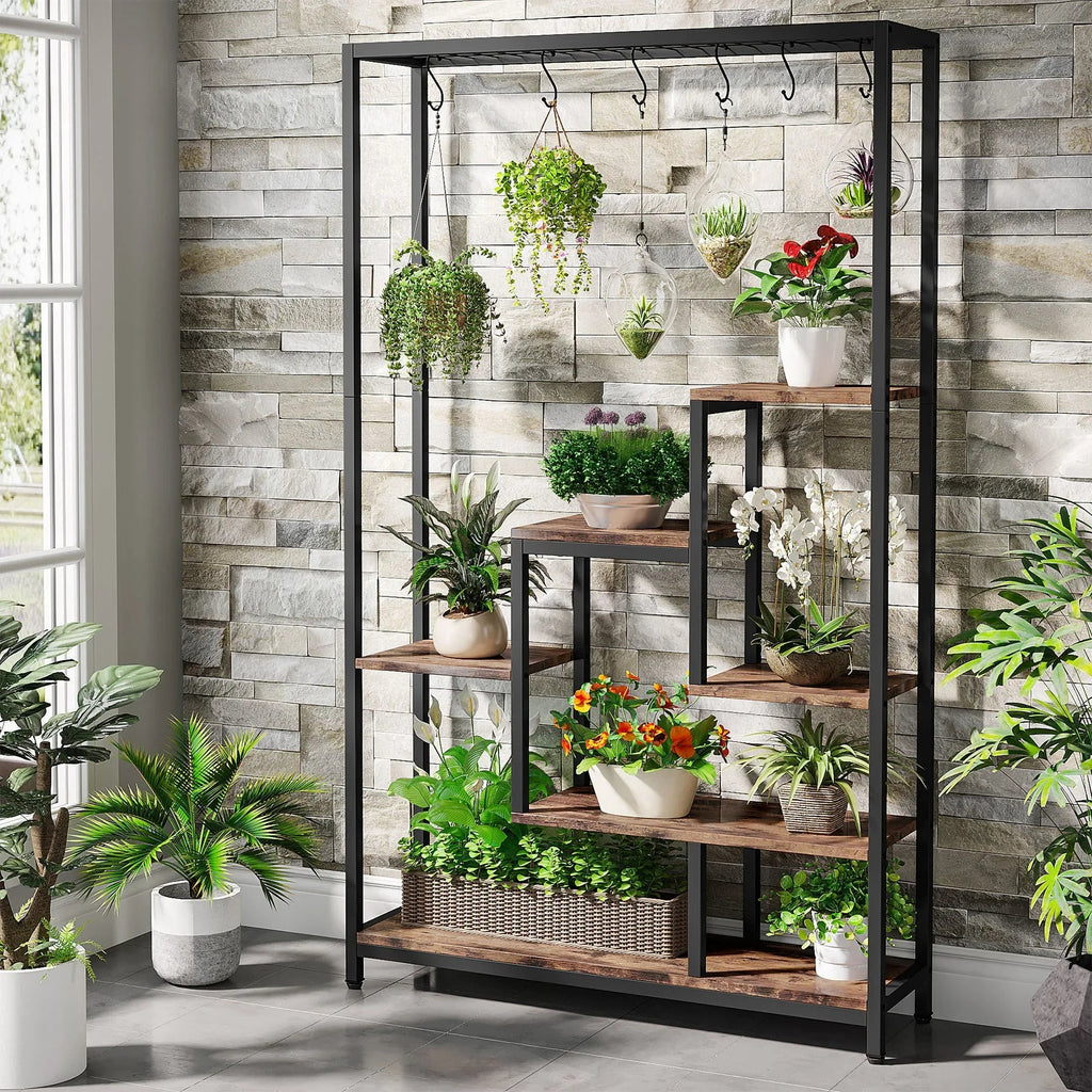 Pflanzenregal 5 Stufen Indoor 180cm Metall Pflanzenständer mit 10 Haken – großes Blumenregal Holz – Metall Kombi für Wohnzimmer, Balkon & Garten