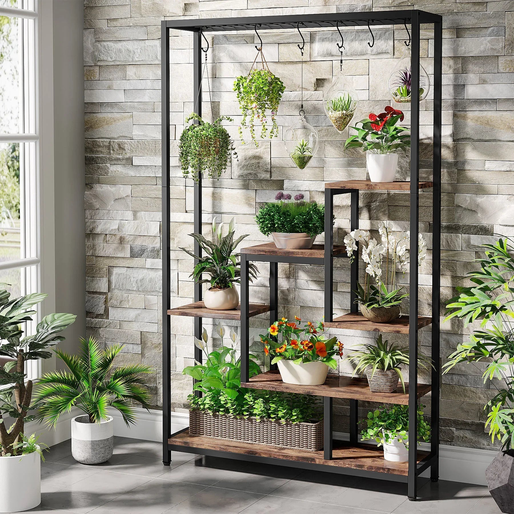 Pflanzenregal 5 Stufen Indoor 180cm Metall Pflanzenständer mit 10 Haken – großes Blumenregal Holz – Metall Kombi für Wohnzimmer, Balkon & Garten