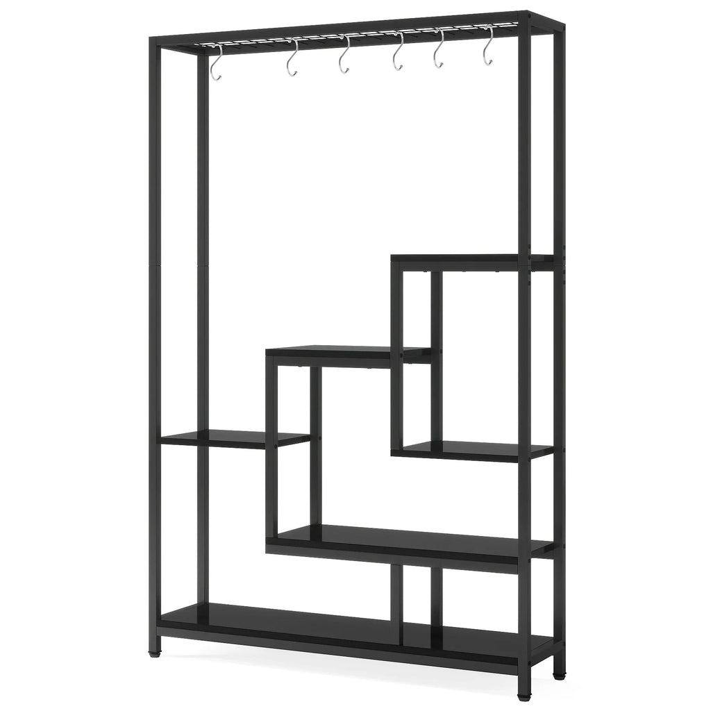 Pflanzenregal 5 Stufen Indoor 180cm Metall Pflanzenständer mit 10 Haken – großes Blumenregal Holz – Metall Kombi für Wohnzimmer, Balkon & Garten
