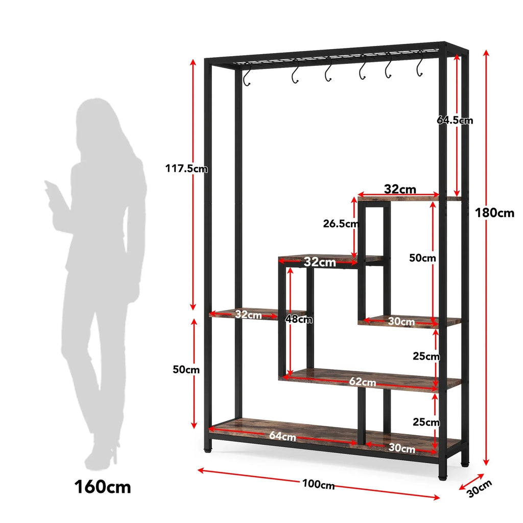 Pflanzenregal 5 Stufen Indoor 180cm Metall Pflanzenständer mit 10 Haken – großes Blumenregal Holz – Metall Kombi für Wohnzimmer, Balkon & Garten