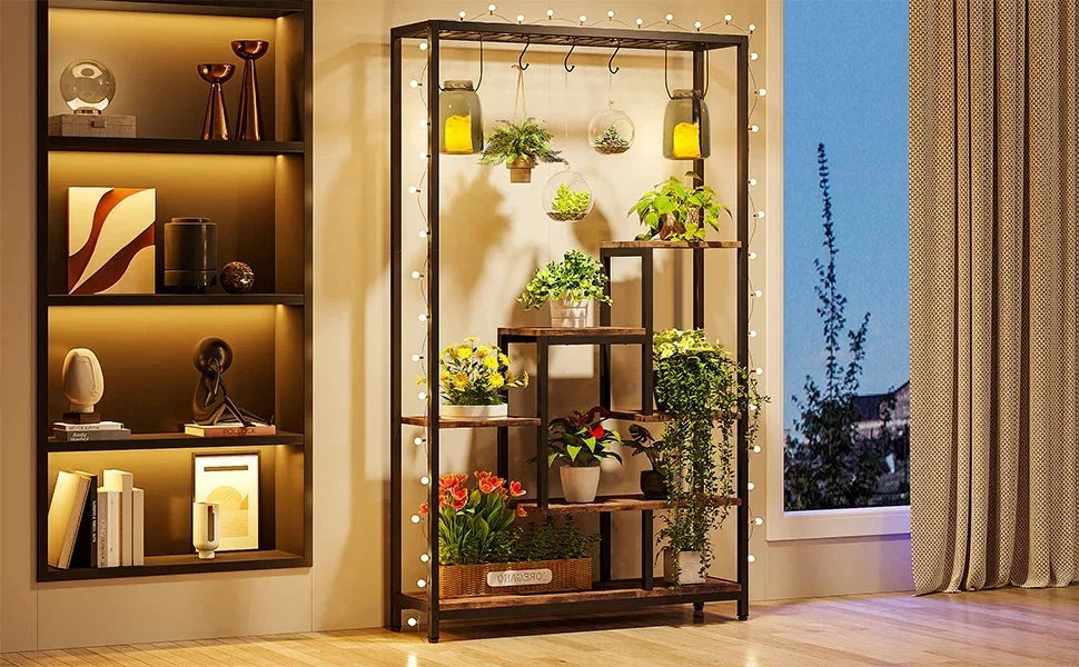 Pflanzenregal 5 Stufen Indoor 180cm Metall Pflanzenständer mit 10 Haken – großes Blumenregal Holz – Metall Kombi für Wohnzimmer, Balkon & Garten