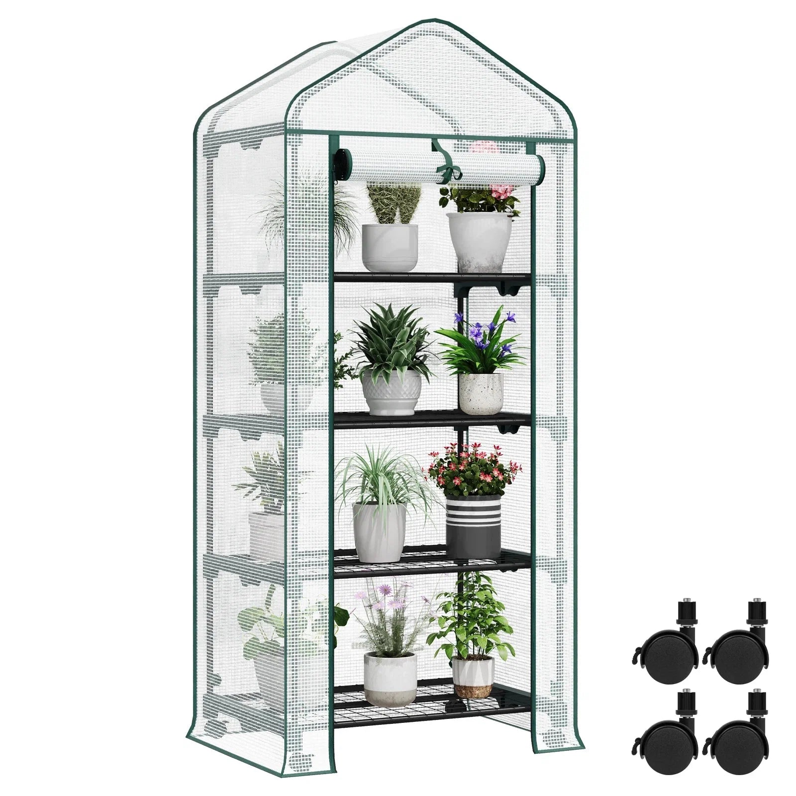 Gewächshaus mit Rollen & 3 Ablagen – kleines Tomatenhaus Outdoor 130/163cm – Garten Frühbeet mit PE