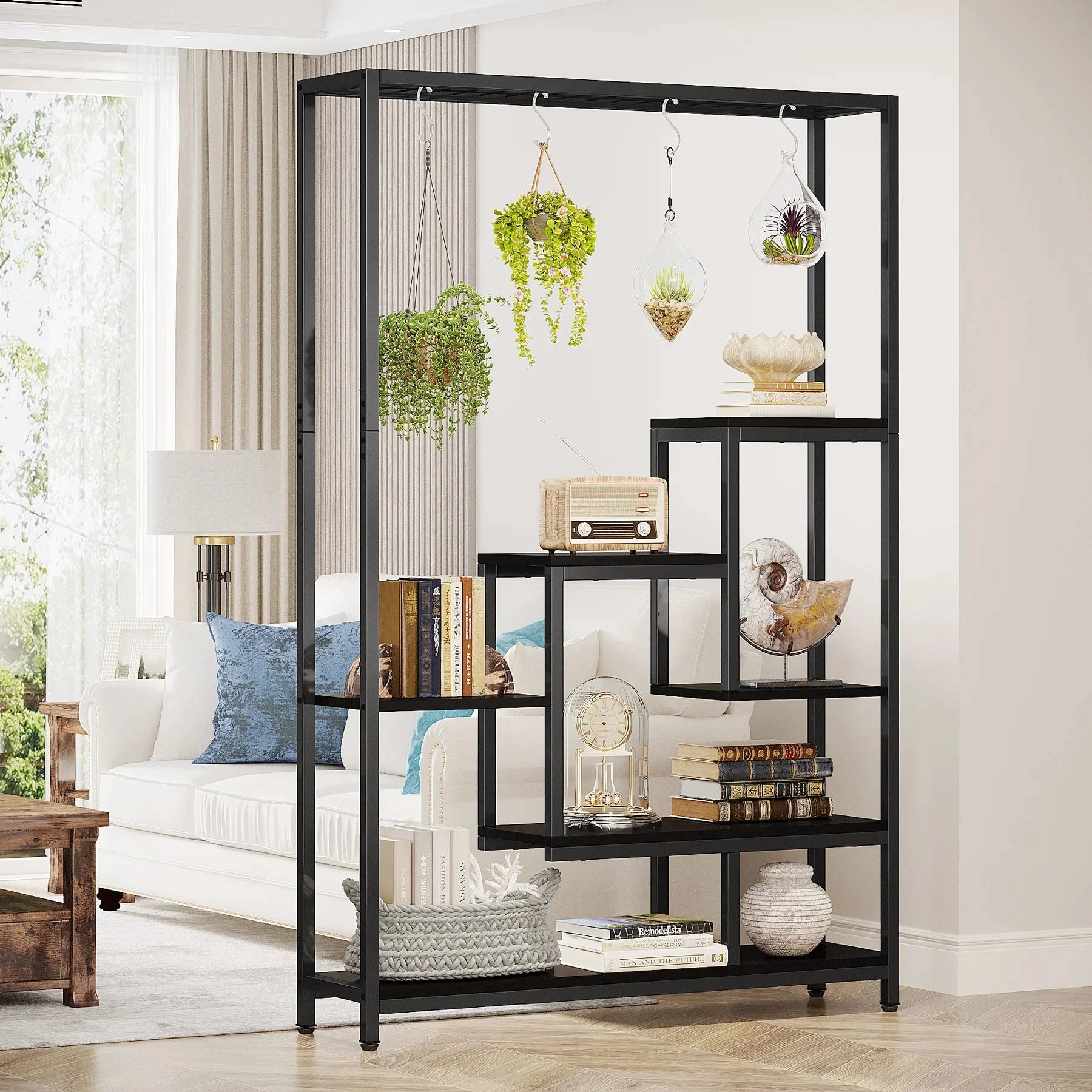 Pflanzenregal 5 Stufen Indoor 180cm Metall Pflanzenständer mit 10 Haken – großes Blumenregal Holz – Metall Kombi für Wohnzimmer, Balkon & Garten