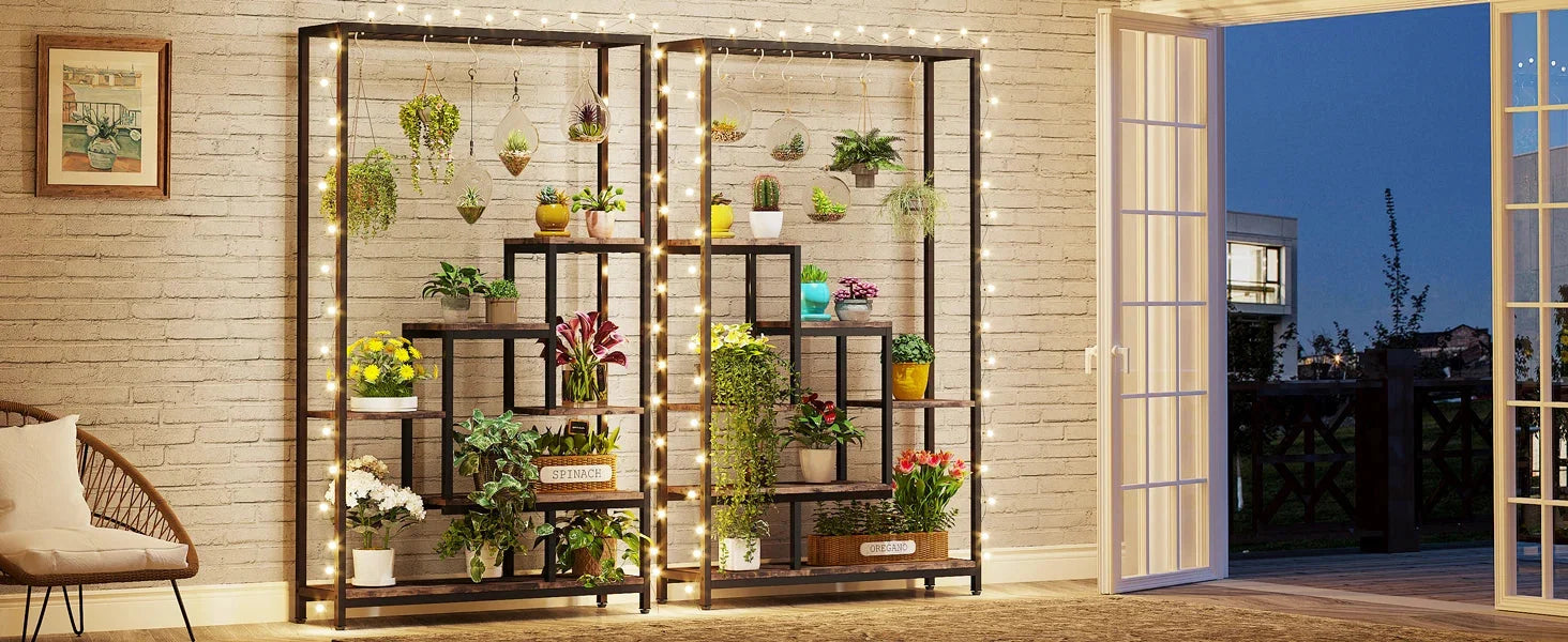 Pflanzenregal 5 Stufen Indoor 180cm Metall Pflanzenständer mit 10 Haken – großes Blumenregal Holz – Metall Kombi für Wohnzimmer, Balkon & Garten