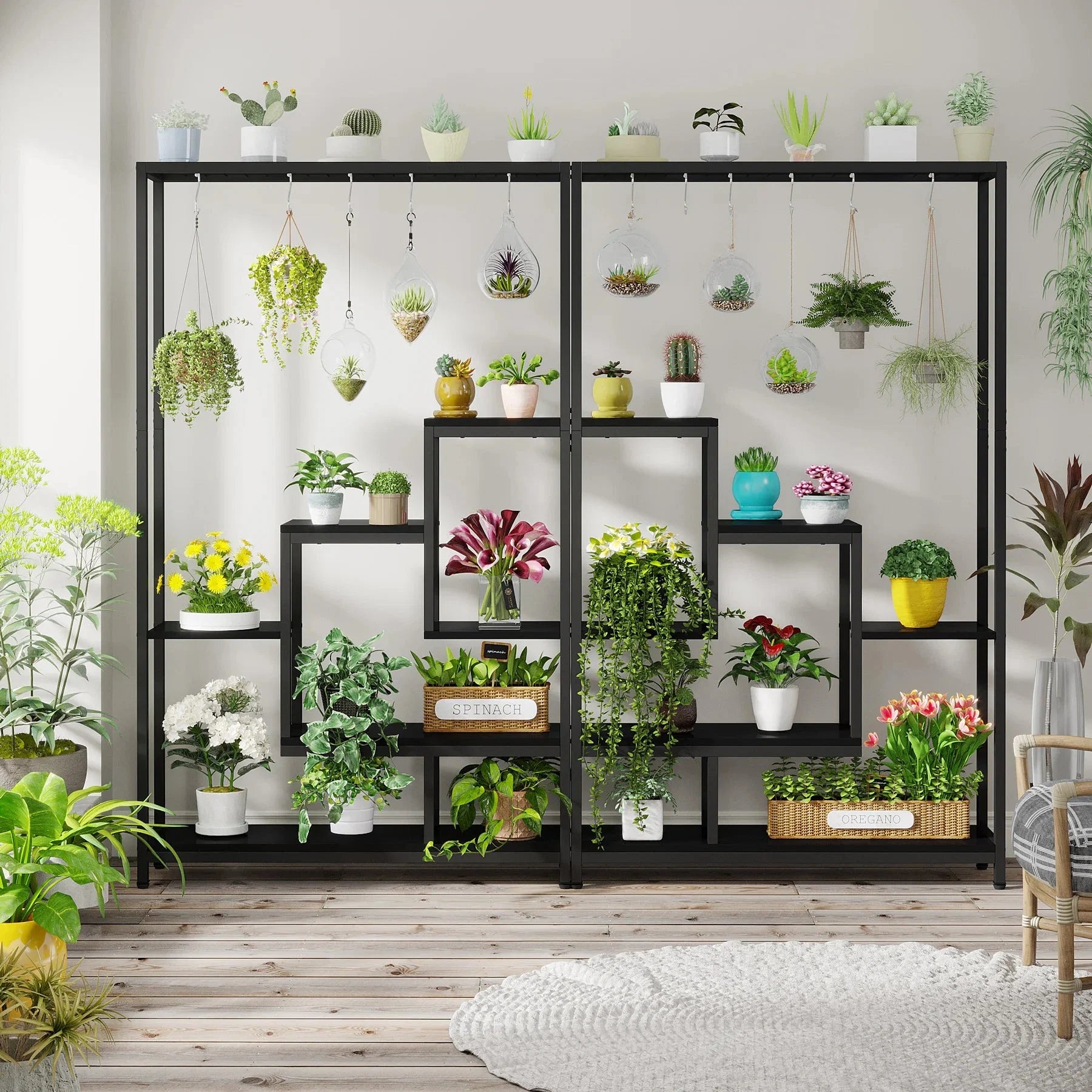 Pflanzenregal 5 Stufen Indoor 180cm Metall Pflanzenständer mit 10 Haken – großes Blumenregal Holz – Metall Kombi für Wohnzimmer, Balkon & Garten