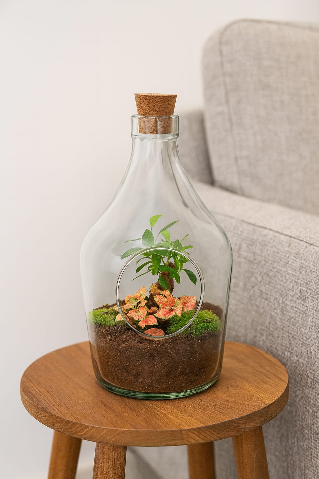 Offener Flaschengarten John 30cm – Bonsai & Ruby Lime Fittonia – Glasflaschenterrarium mit Moos – Natürliches Mini – Ökosystem – Kit & Pflanzen – Standard