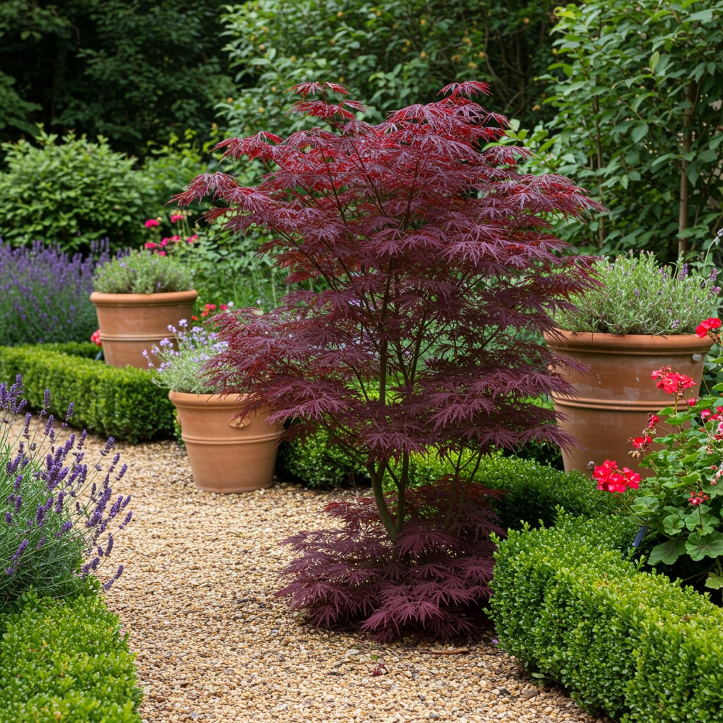 Japanischer Ahorn Acer palmatum Bloodgood – Balkonpflanze – Rot – Laubabwerfend – 19cm – Ca. 70cm hoch – Für Beet, Terrasse & Balkon – Plant