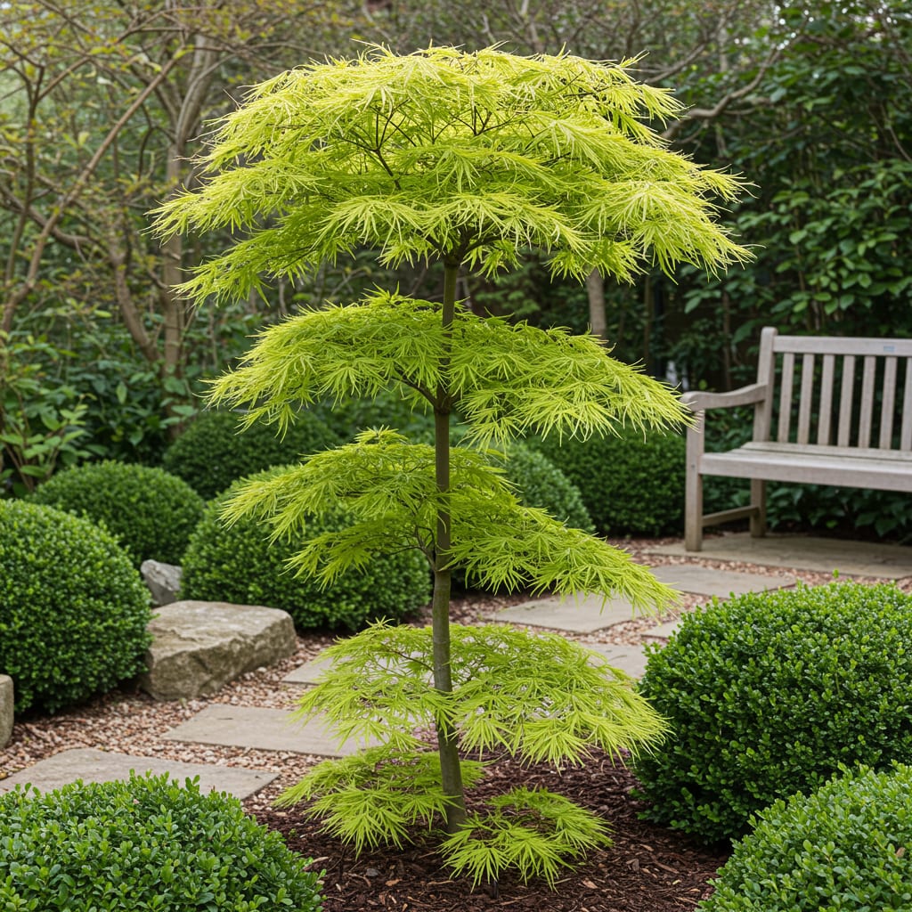 Japanischer Ahorn – Acer palmatum 'Koto – no – ito' – 2 Pflanzen – ca. 70cm hoch – Ø19cm – feingliedriges grünes Laub – Balkon – & Gartenpflanze – Plant