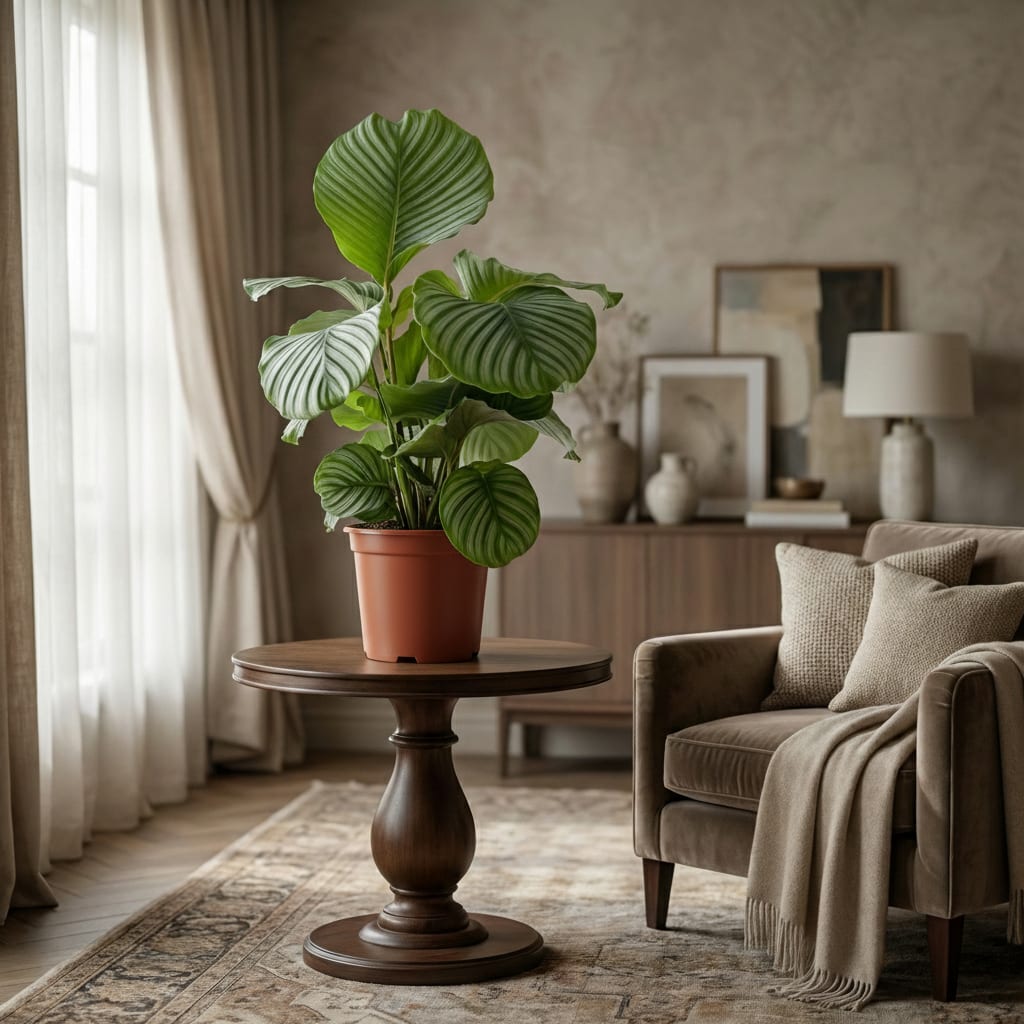 Korbmarante Calathea orbifolia – Ø21cm – 60-70cm hoch – Elegante Zimmerpflanze mit silbrig – grünen Blättern – Pflegeleicht & luftreinigend – Plant