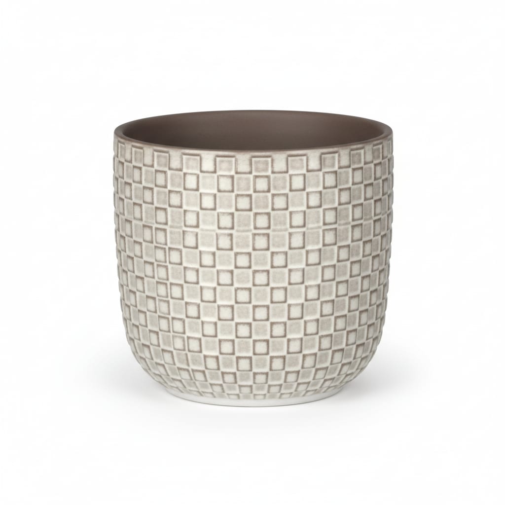 Pflanztopf Relief hellgrau D13,5cm – Blumentopf mit geometrischem Quadratmuster – strukturierte Oberfläche mit Innenrand-Kontrast – moderner Dekotopf für Zimmerpflanzen & Kräuter – Pot