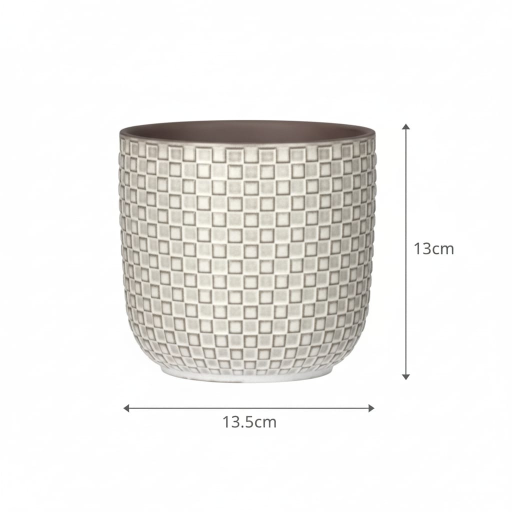 Pflanztopf Relief hellgrau D13,5cm – Blumentopf mit geometrischem Quadratmuster – strukturierte Oberfläche mit Innenrand-Kontrast – moderner Dekotopf für Zimmerpflanzen & Kräuter – Pot