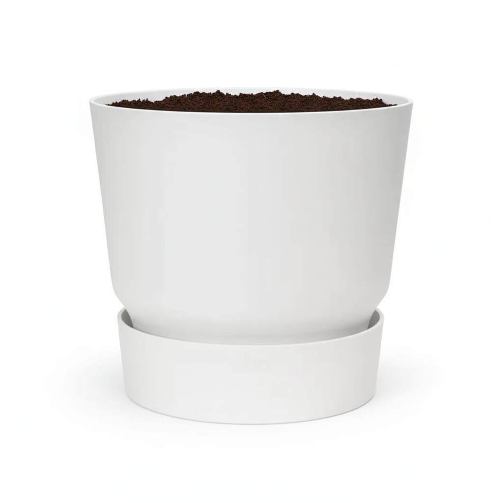 Pflanztopf Greenville Round Weiß – D20cm x H18cm – Moderner Blumentopf mit Wasserspeicher – Für Innen & Außen – Aus recyceltem Kunststoff – Mattweiß – Plant
