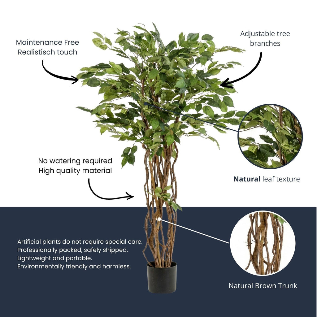 Ficus Liana Kunstbaum – 140cm – künstliche Pflanze mit realistischer Blattstruktur – Pflegefreier Deko Baum für Wohnzimmer Büro & Empfangsbereich – Standard