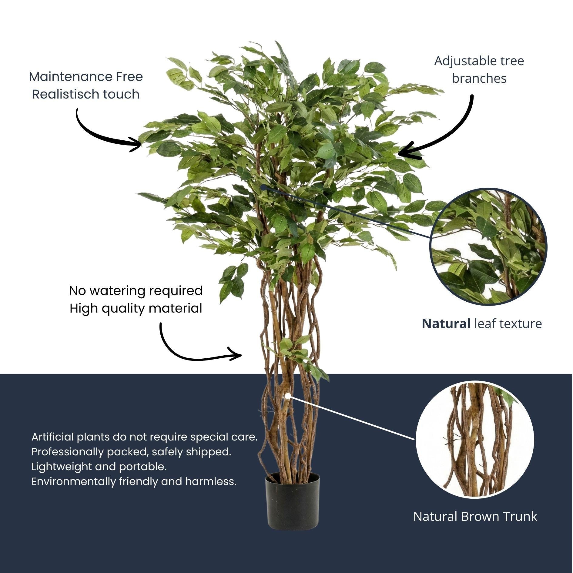 Ficus Liana Kunstbaum – 140cm – künstliche Pflanze mit realistischer Blattstruktur – Pflegefreier Deko Baum für Wohnzimmer Büro & Empfangsbereich – Standard