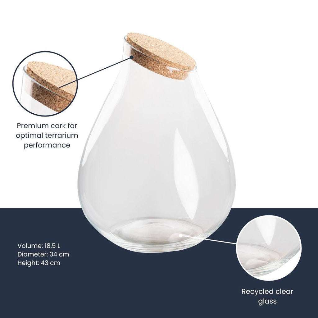Terrarienflasche Drop XXL Korkdeckel – Ø34cm ↕43cm – Große tropfenförmige Glasflasche aus Recyclingglas – ca. 18,5L Volumen – Ideal für DIY – Plant