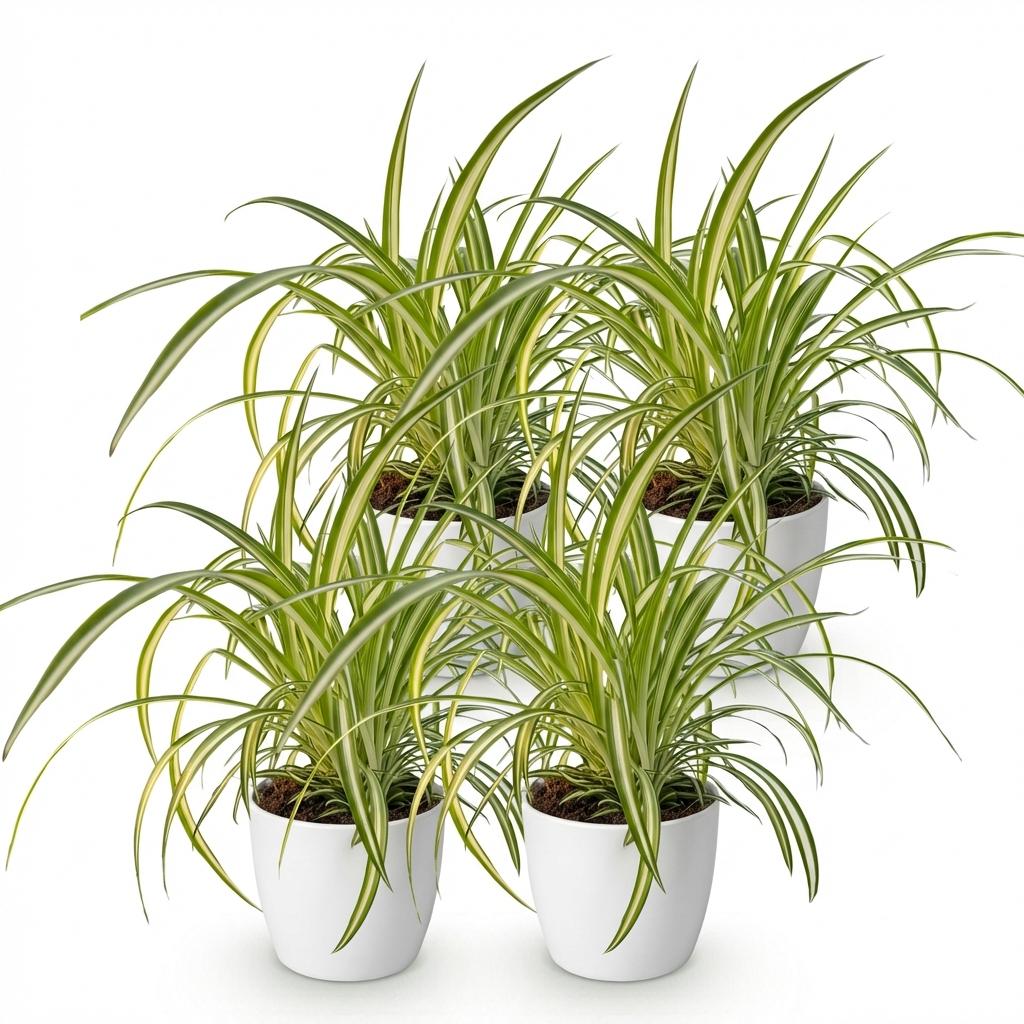 Chlorophytum comosum Variegatum 4er Set Pflanzen Mit Weißem Topf Ø12cm Höhe ca.20cm Bunte Graslilie Haustierfreundlich Luftreinigend Für Zimmer