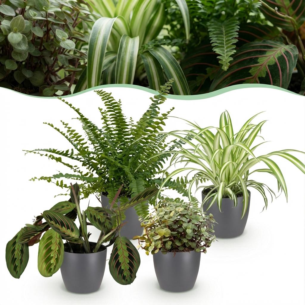 Zimmerpflanzen Mix Set – Chlorophytum Maranta Calissia Nephrolepsis – 4er Set im grauen Topf Ø12cm Höhe25cm – Haustierfreundliche Grünpflanzen