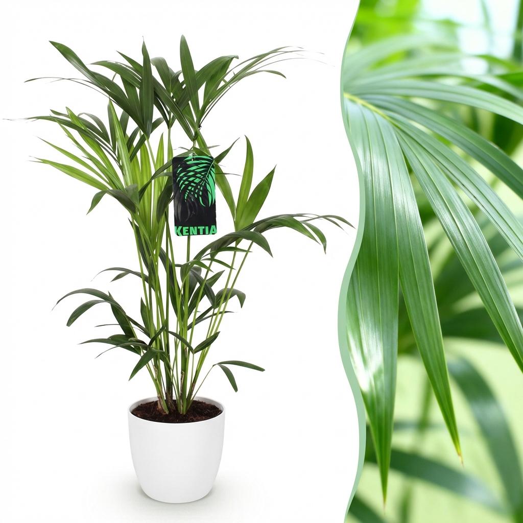 Howea Forsteriana Kentia Palme Zimmerpflanze mit weißem Topf Ø19cm Höhe 80-85cm Pflegeleichte exotische Grünpflanze für Wohnzimmer Büro Schlafzimmer